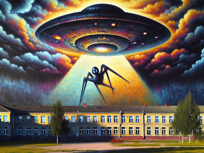 Mural de grafite com um OVNI sobrevoando uma escola