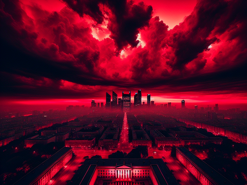 Céu vermelho sobre cidade