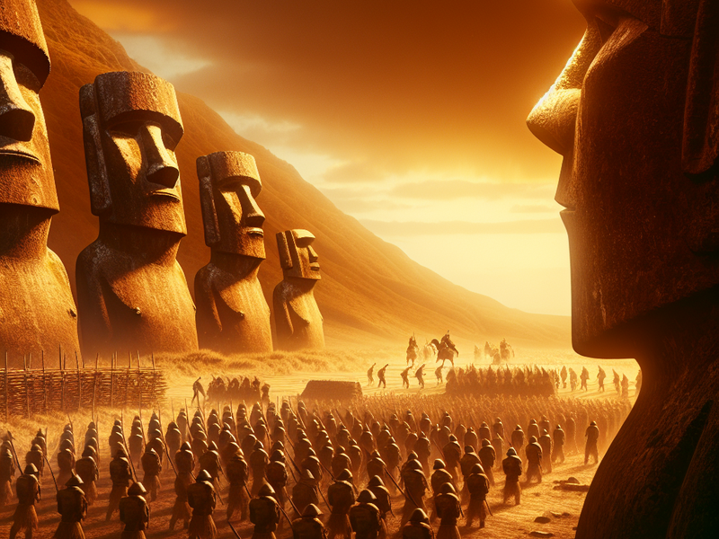 Guerra entre clãs rapanui com estátuas Moai derrubadas ao fundo