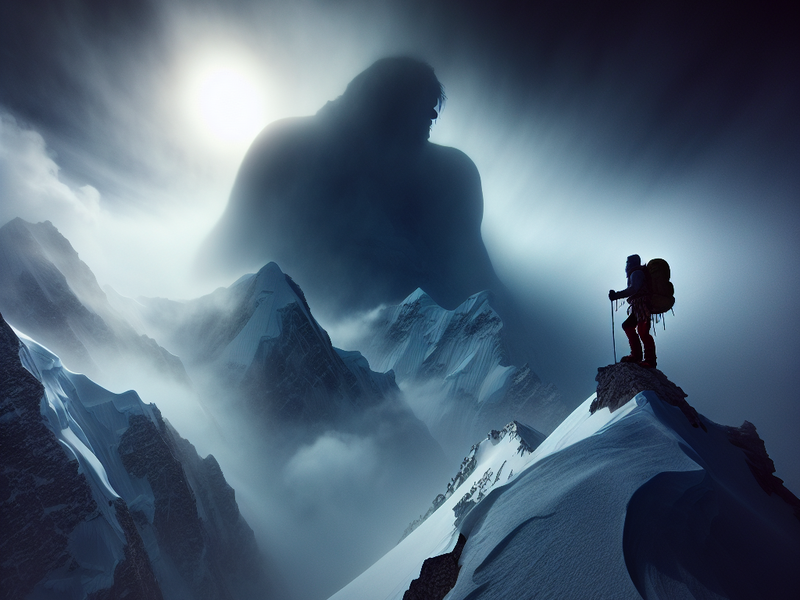Alpinista observando uma figura enigmática na neblina