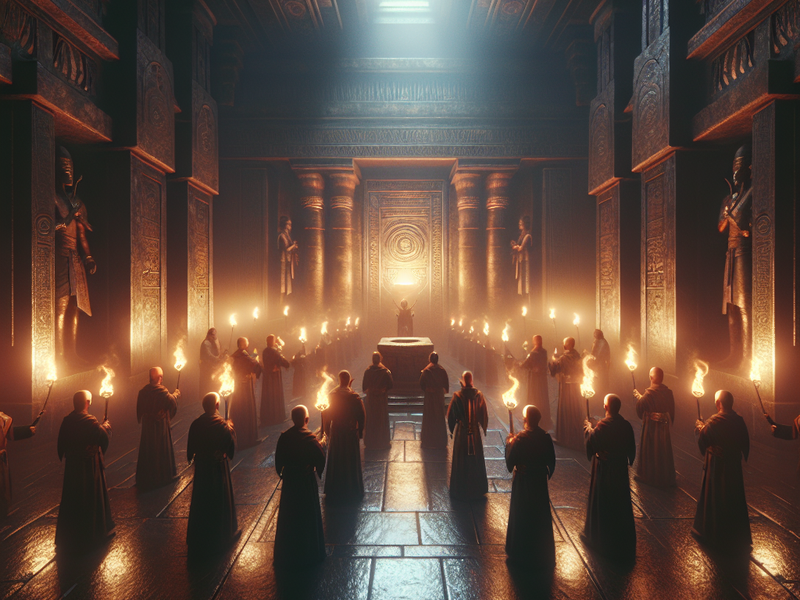 Cena de um ritual antigo com sacerdotes segurando objetos sagrados